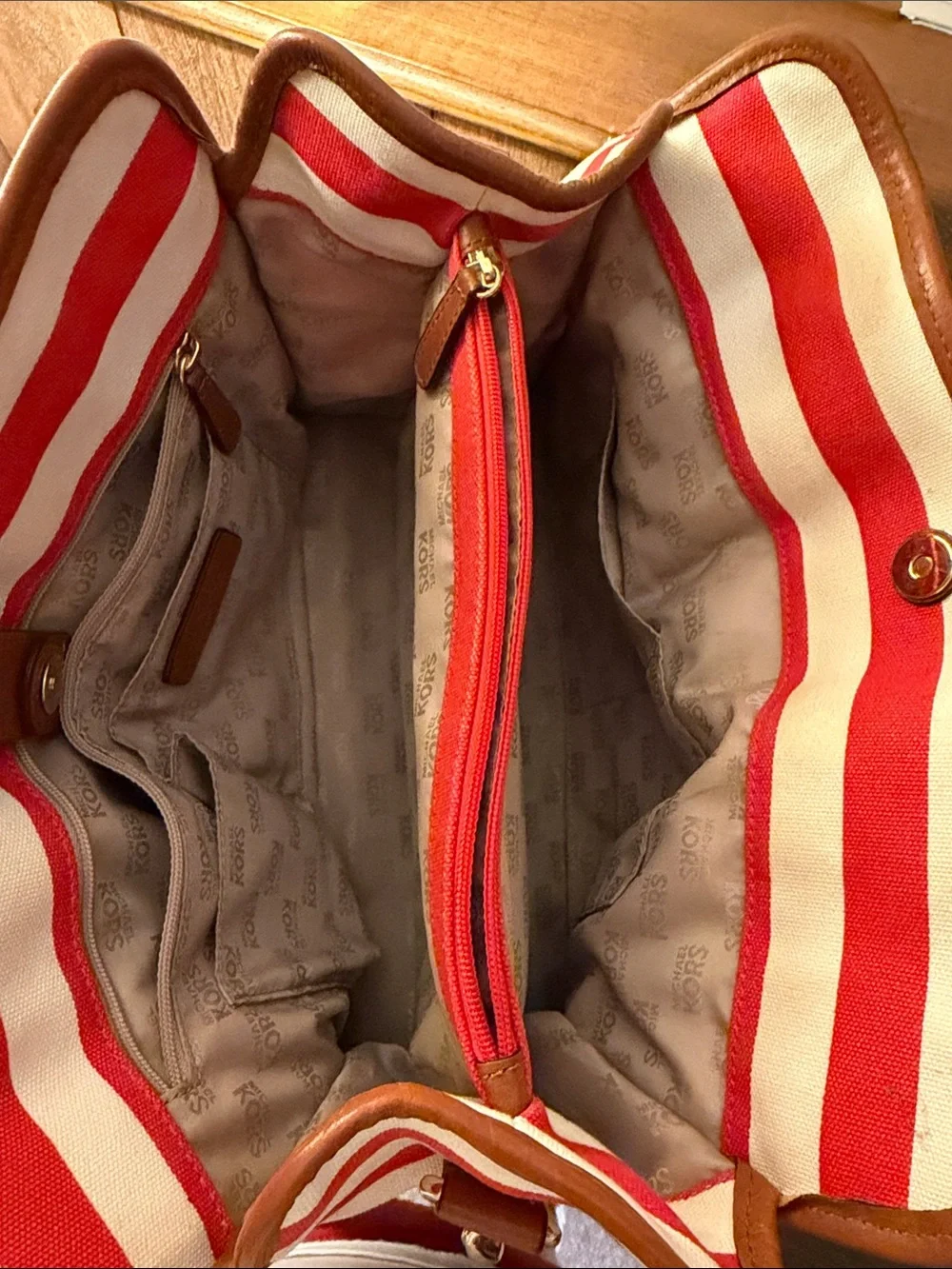 Michael Kors Hamilton Red and White Striped Canvas Tote with Brown Leather Trim